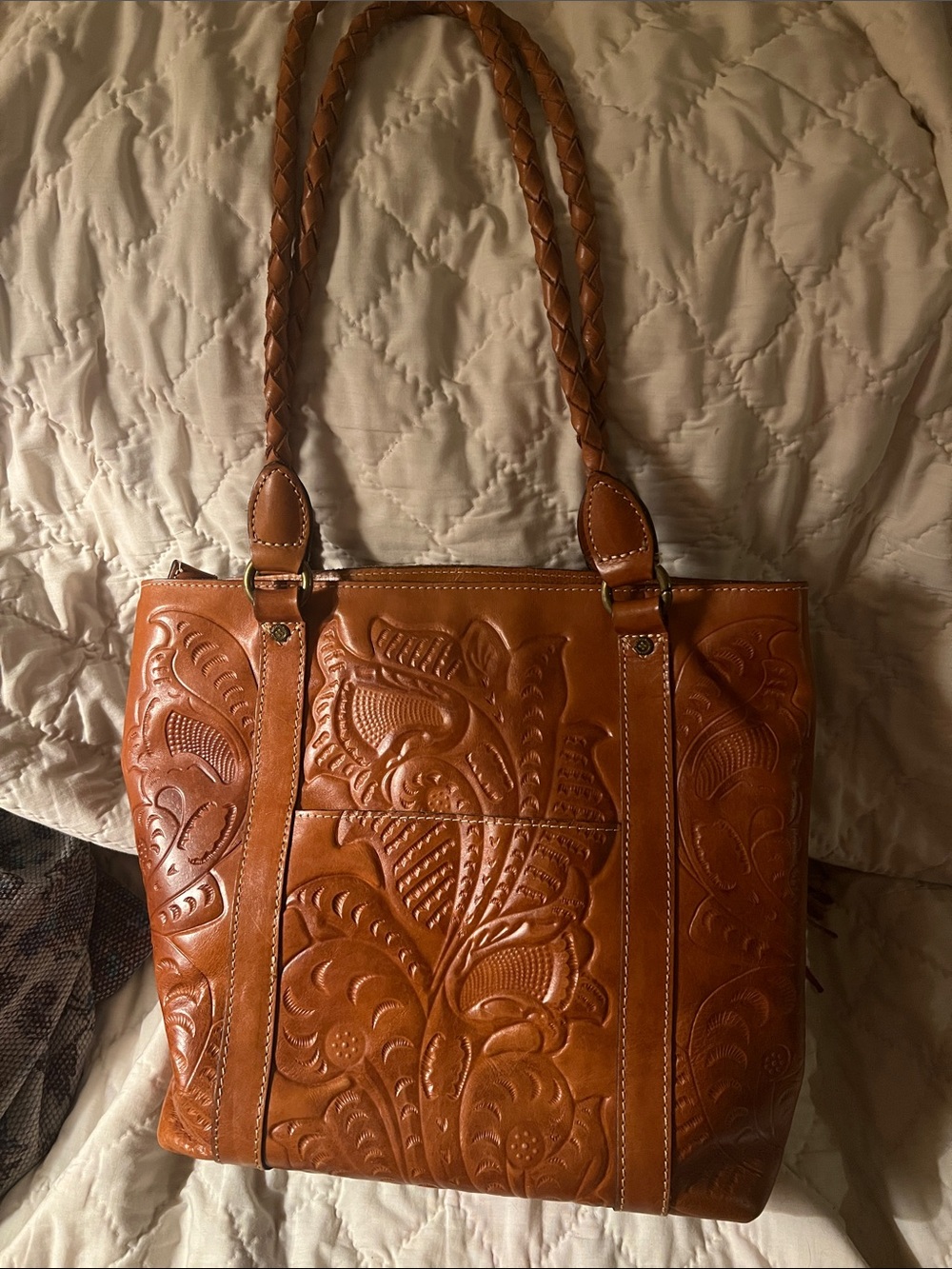 Patricia Nash Rena Burnished Brown Tooled Leather Tote Zip Top Tassels - Picture 4 of 11